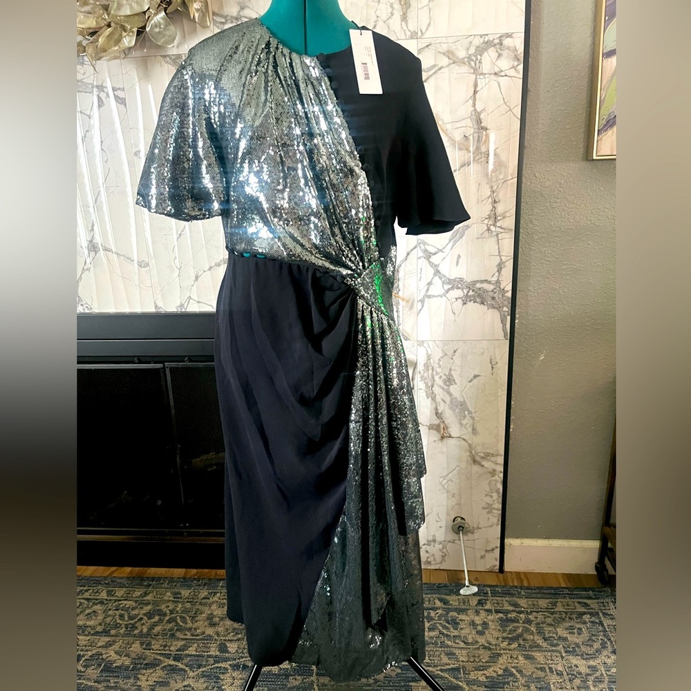 NEW Prabal Gurung Black and Silver Sequins Asymmetrical Dress, Size 12